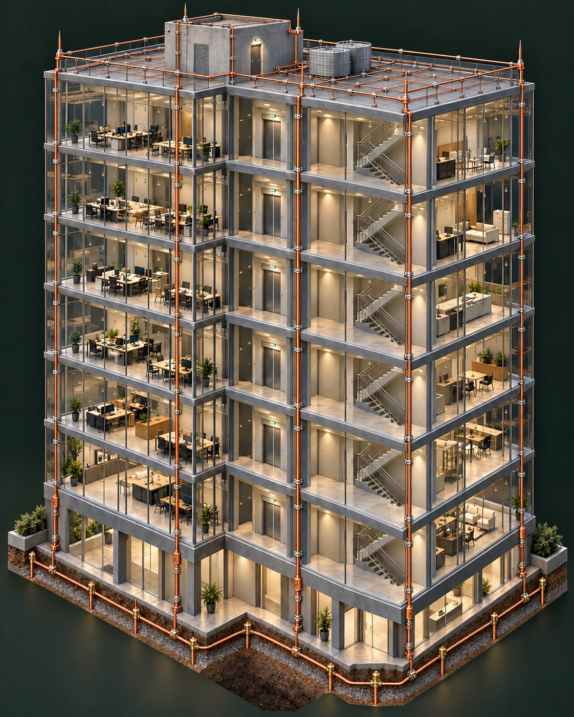 Render da mesma edificação transparente com captação, descidas e aterramento de SPDA visíveis